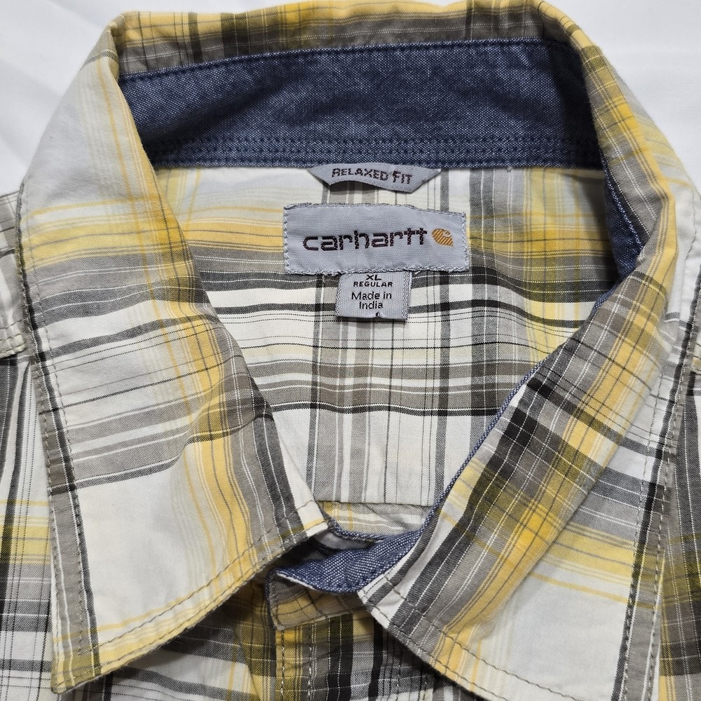 Carhartt Shirt Relaxed Fit Mens XL Gray Blue Plaid Pearl Snap Short Sleeve - Picture 5 of 11